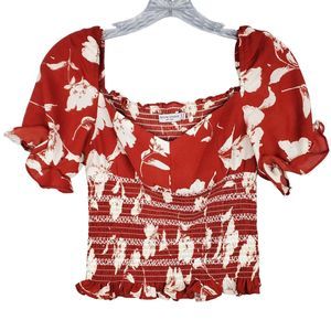 Petite Studio Tropical Red Floral Sweetheart Neckline Top Puff Sleeves Size XS